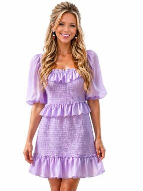 Lovers + Friends Lavender Smocked Ruffle Mini Dress | Puff Sleeve | SIZE SMALL